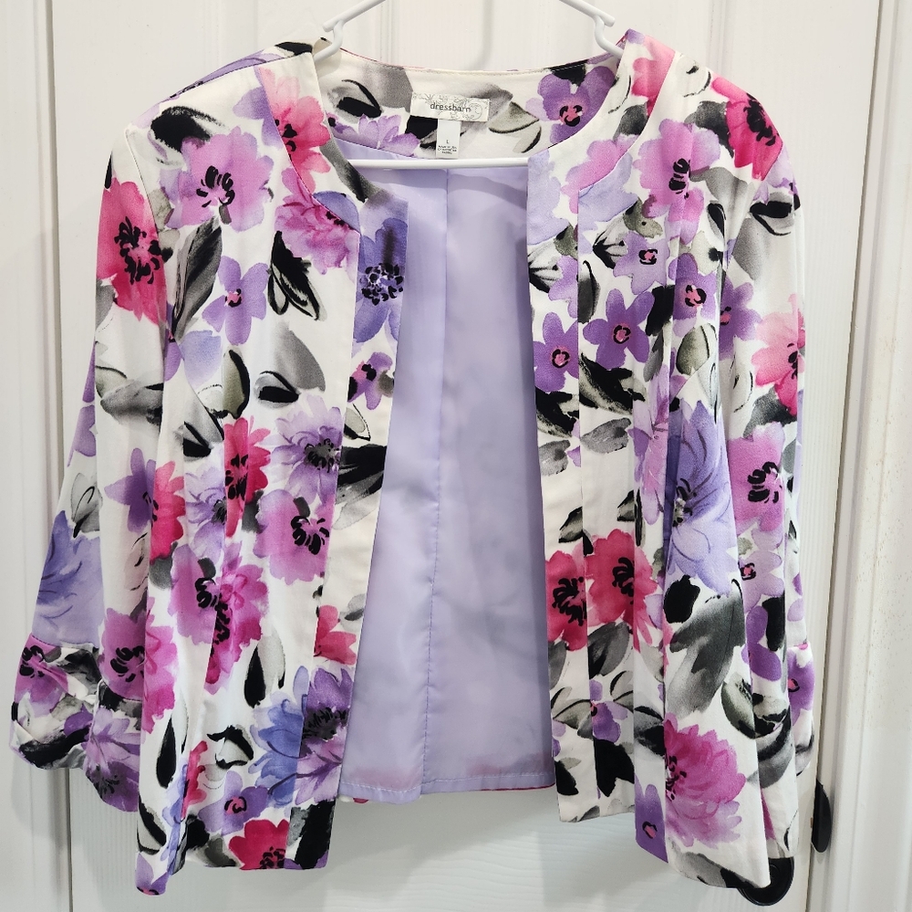 Dressbarn Floral Jacket Size Large, White,Pink & Purple